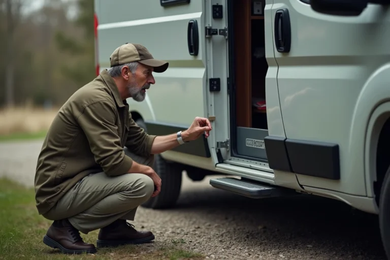 Homme d'âge moyen en plein air vérifiant un panneau de contrôle camper