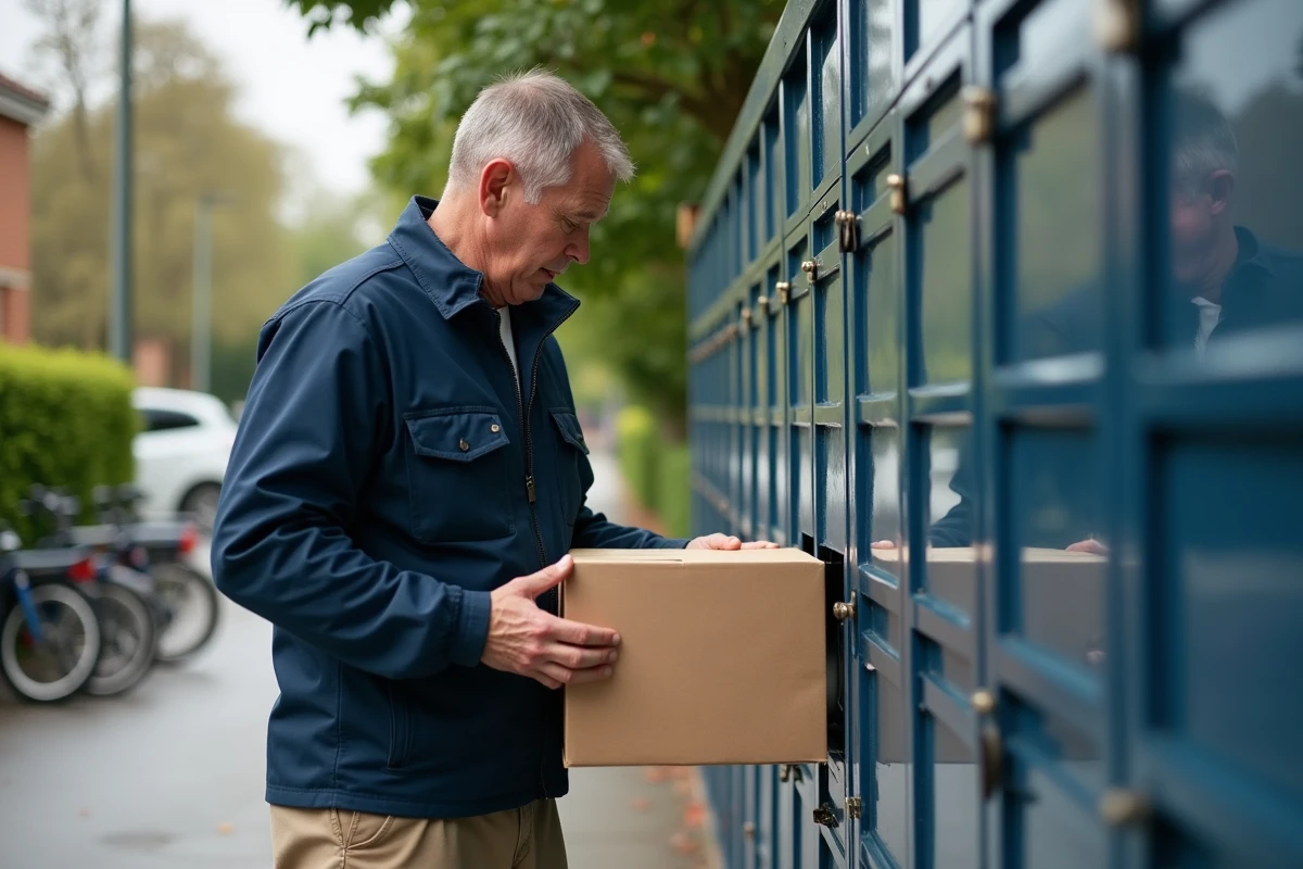 Homme déposant un colis dans un casier de livraison extérieur
