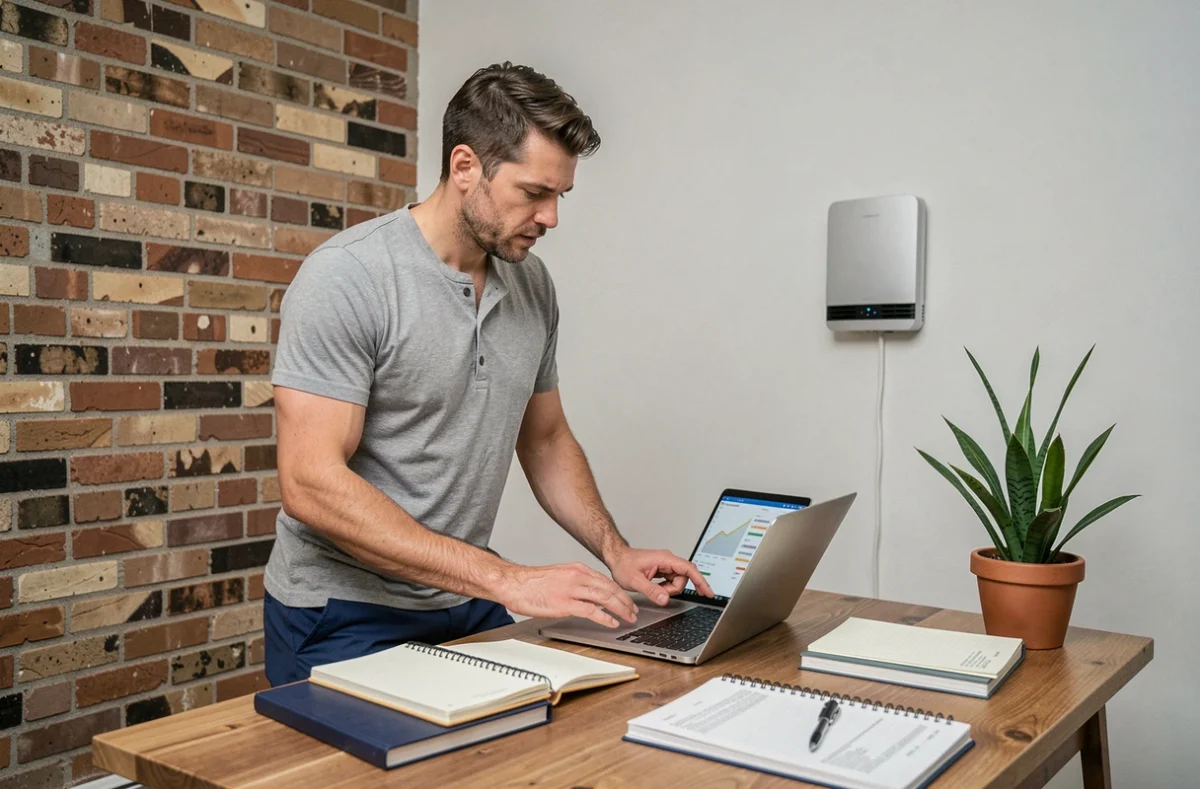 Homme analysant les économies d'énergie liées au chauffage cinétique dans un bureau à domicile