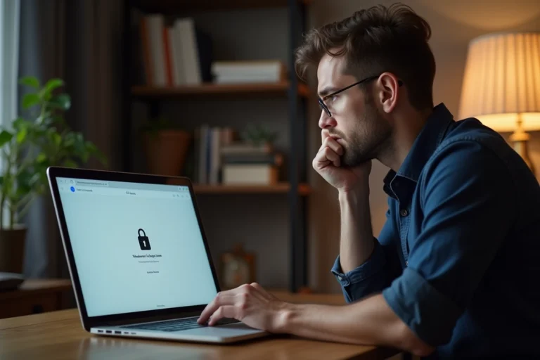 Homme frustré devant un écran d'ordinateur affichant une erreur de connexion à Esalia