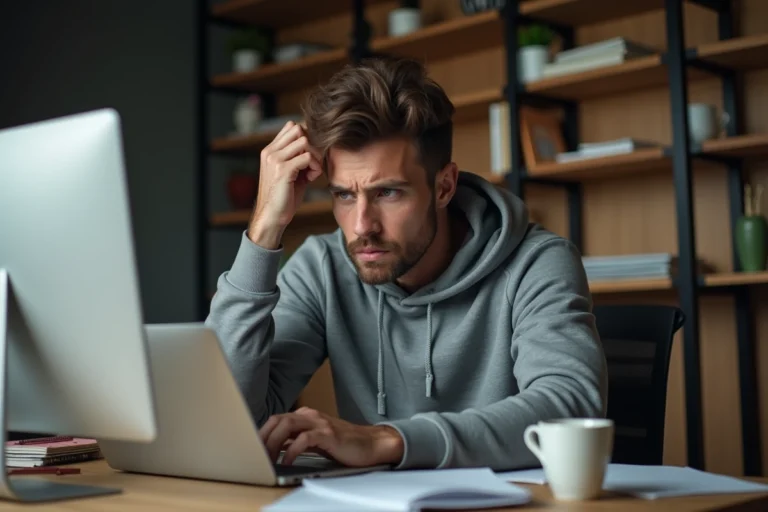 Homme frustré devant un message d'erreur sur son ordinateur portable cherchant une nouvelle adresse de site web