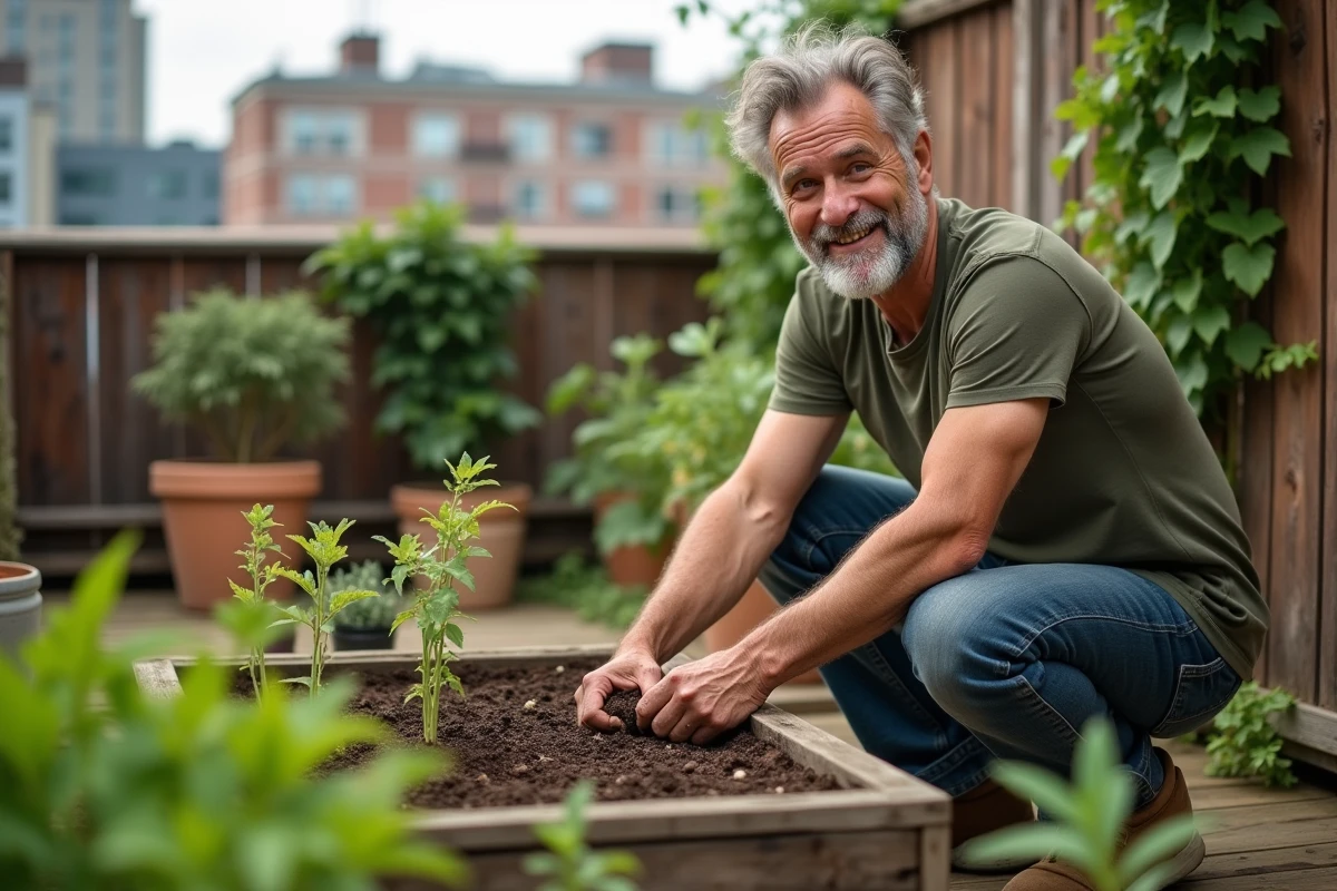 Homme jardinage potager urbain toit terrasse, activité ressourçante en plein air