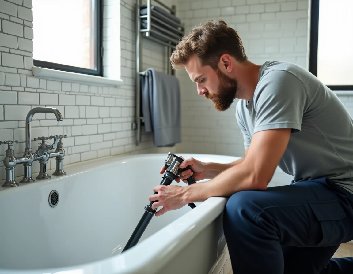 Homme en train de refaire le joint silicone d'une baignoire blanche dans une salle de bain carrelée de style classique