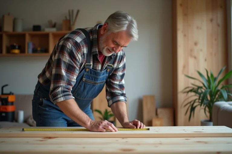 Homme mesurant un bois dans un salon moderne pour DIY