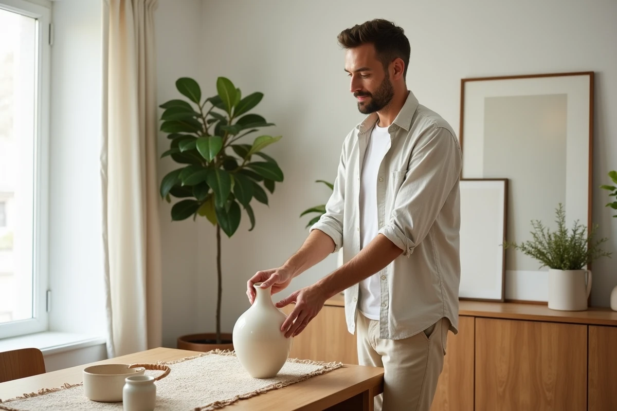 Homme posant un vase en céramique dans une salle à manger lumineuse