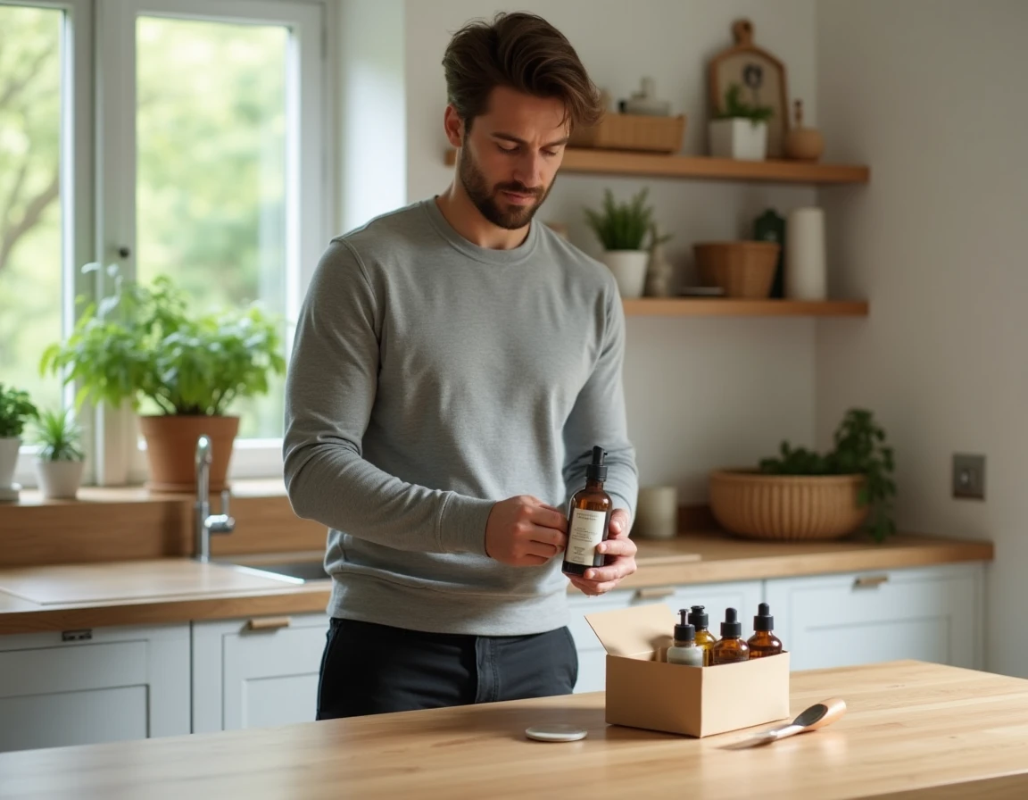 Homme découvrant des produits lifestyle durables dans une cuisine moderne minimaliste