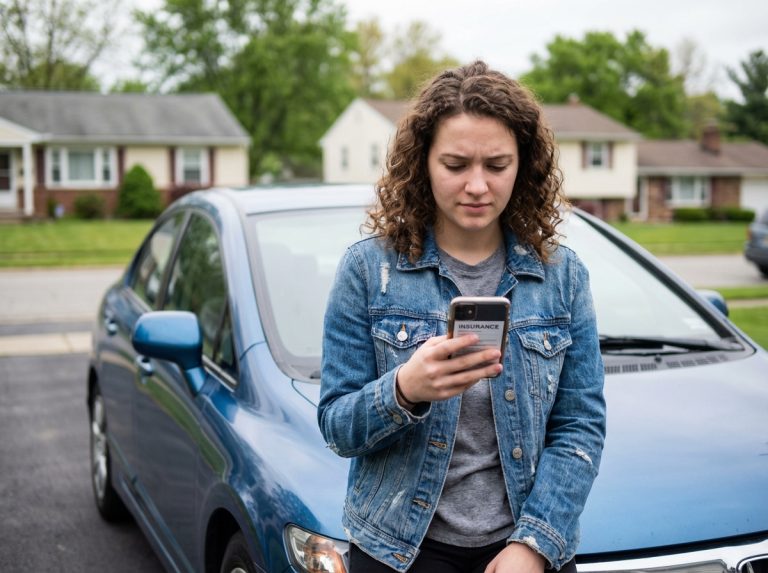Jeune femme en denim vérifiant ses documents d'assurance auto