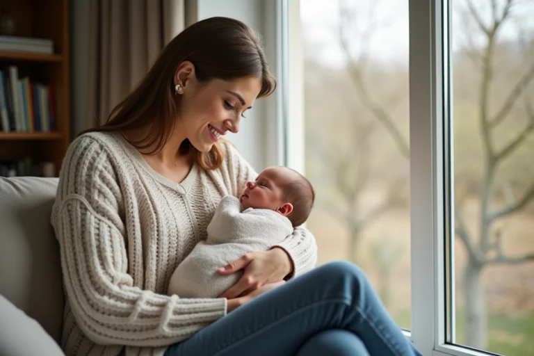 Jeune maman avec son bébé dans un salon cosy