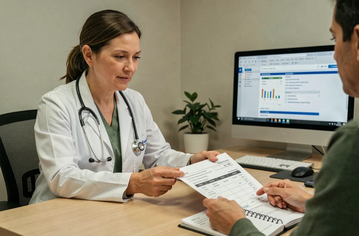 Médecin expliquant les résultats d'un sérum opalescent à un patient lors d'une consultation médicale