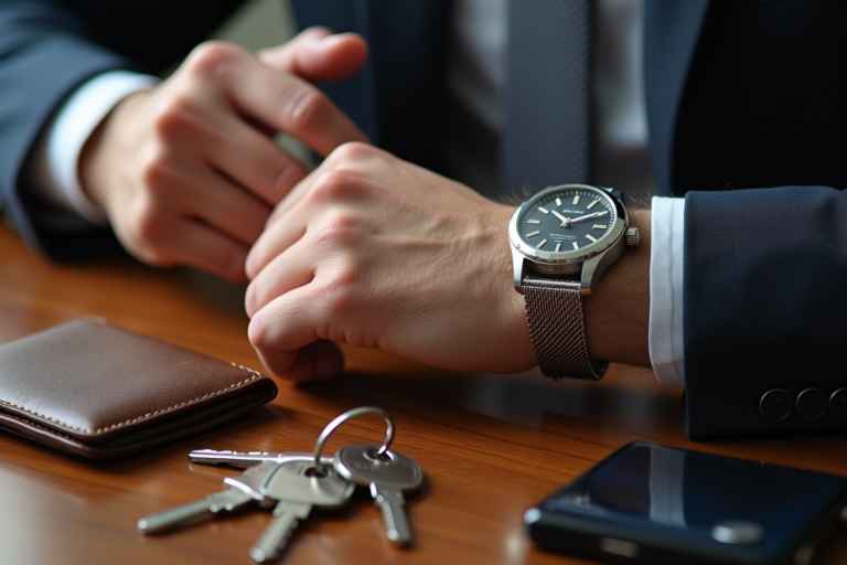 Main ajustant une montre classique en argent avec portefeuille et clés