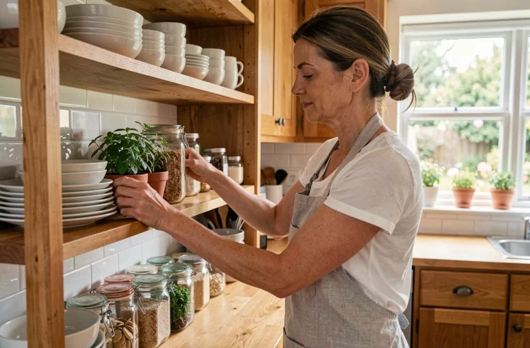 Femme qui organise des étagères de cuisine en bois avec des bocaux et de la vaisselle en céramique, astuces rangement maison