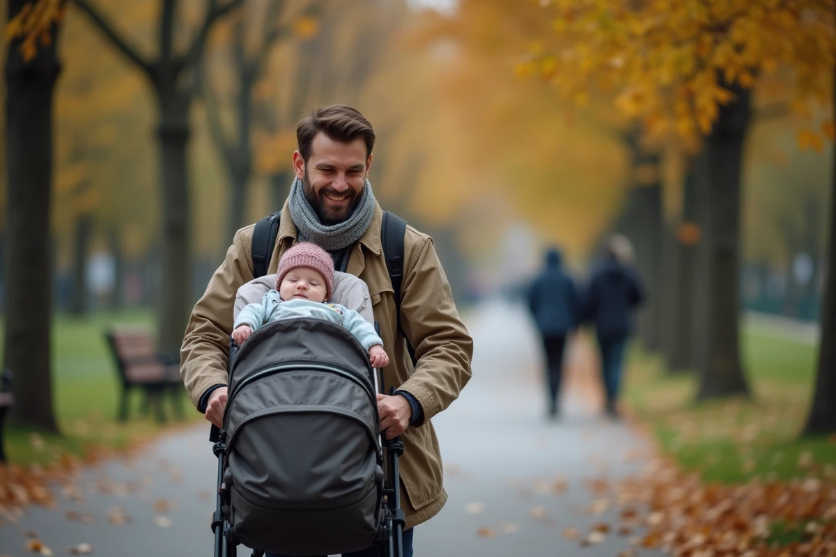 Père avec bébé en poussette dans un parc automnal