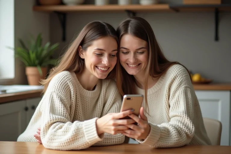 Deux amies partageant un code de parrainage Zalando Privé sur un smartphone dans une cuisine moderne