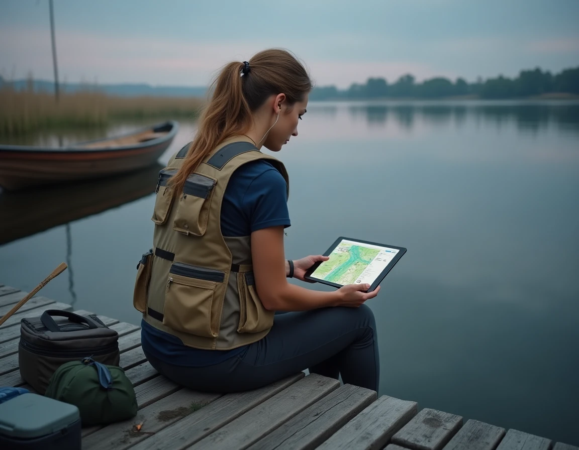 Pêcheuse consultant une application de suivi de pêche sur tablette assise sur un ponton au bord d'un lac