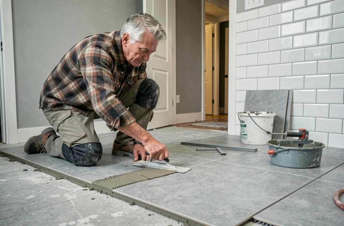 Homme posant des carreaux de céramique grise dans une salle de bain en cours de rénovation avec mortier colle