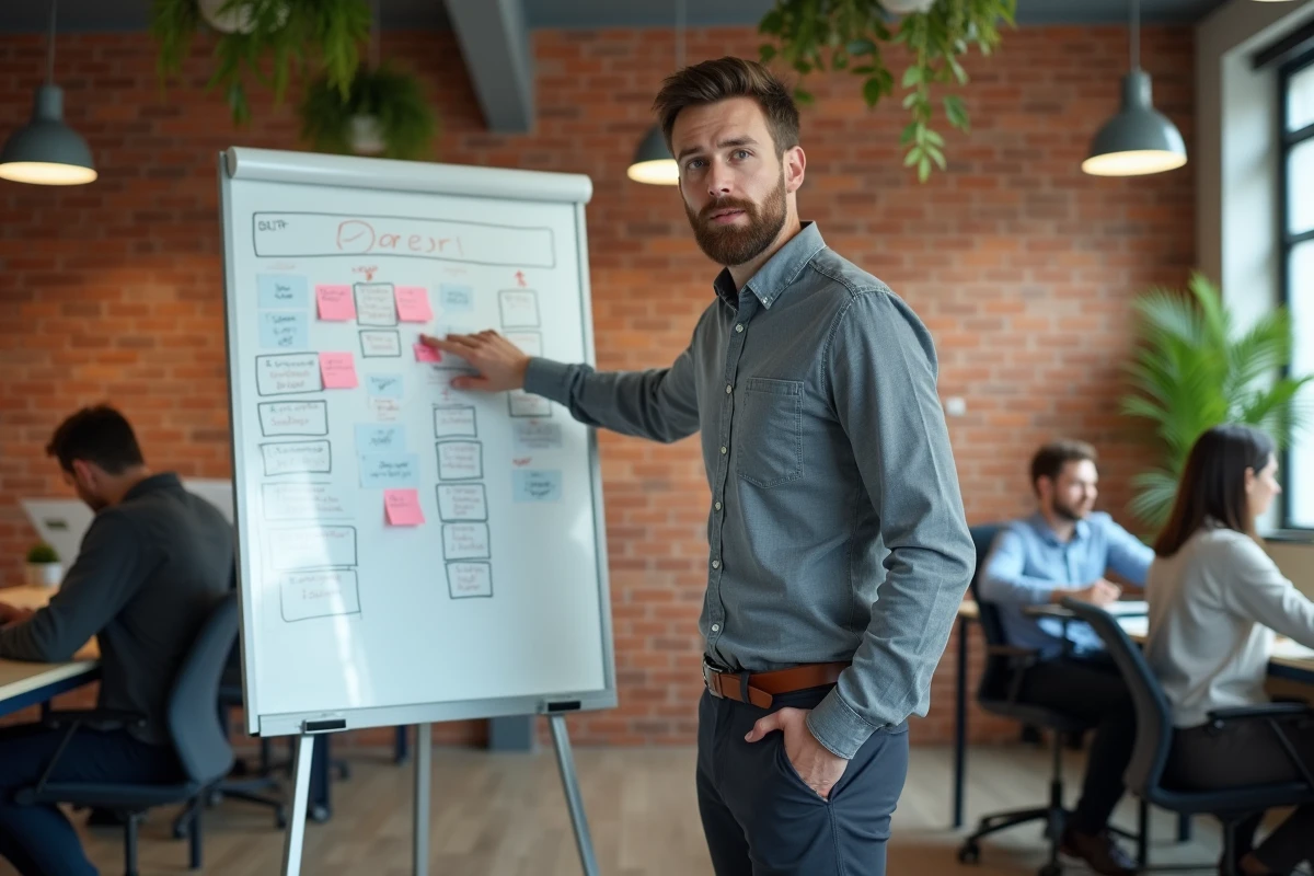 Jeune professionnel planifiant sa carrière sur un tableau blanc dans un espace de coworking moderne