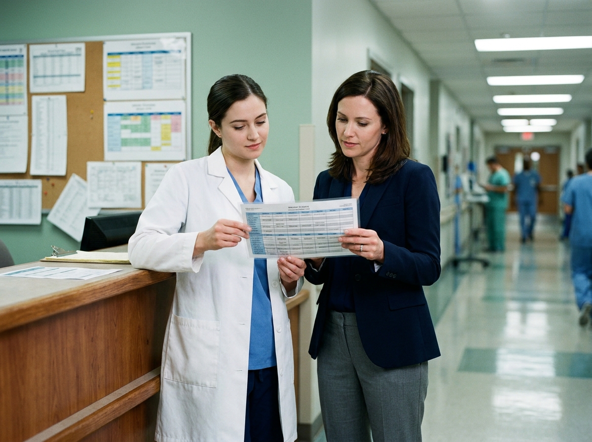 Secrétaire médicale en reconversion professionnelle échangeant avec une professionnelle de santé dans un couloir d'hôpital