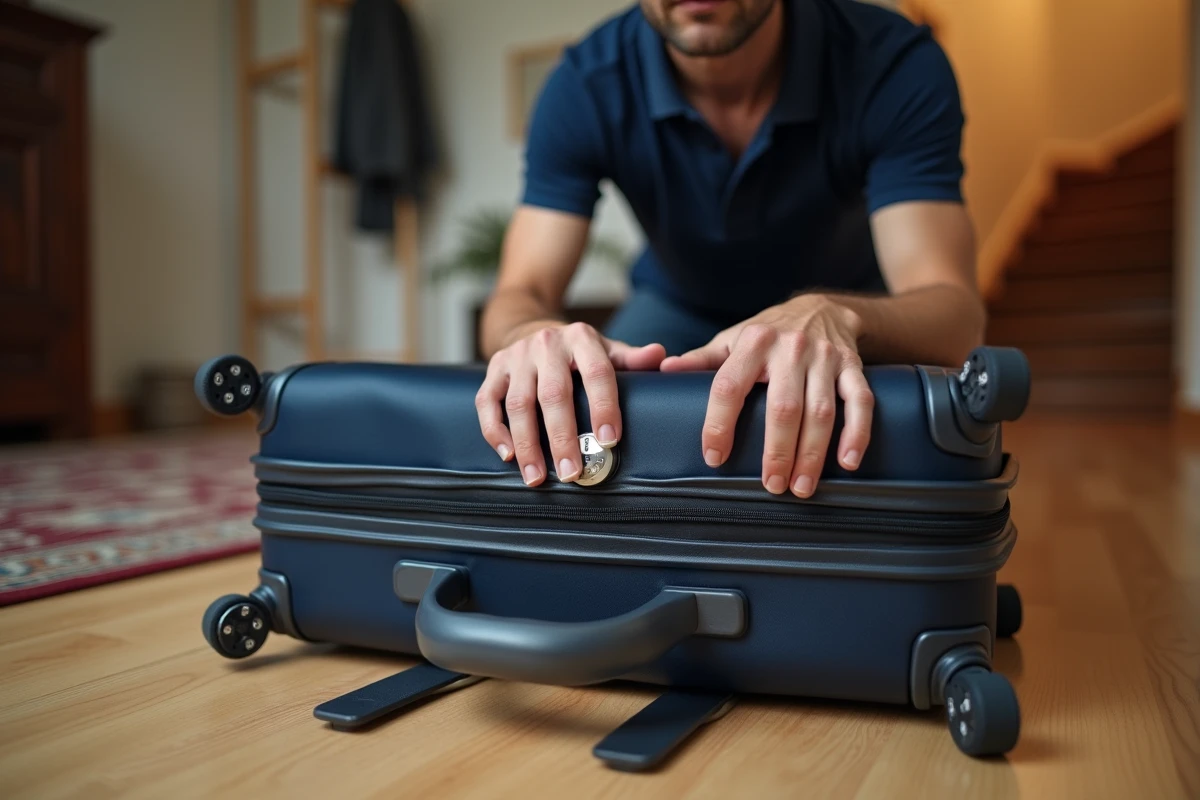 Homme réinitialisant le code d'un cadenas TSA 007 sur une valise à domicile