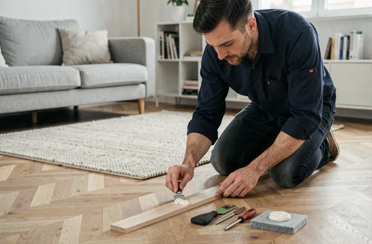 Homme qui répare un parquet en bois dans un salon moderne, entretien et rénovation du sol de la maison