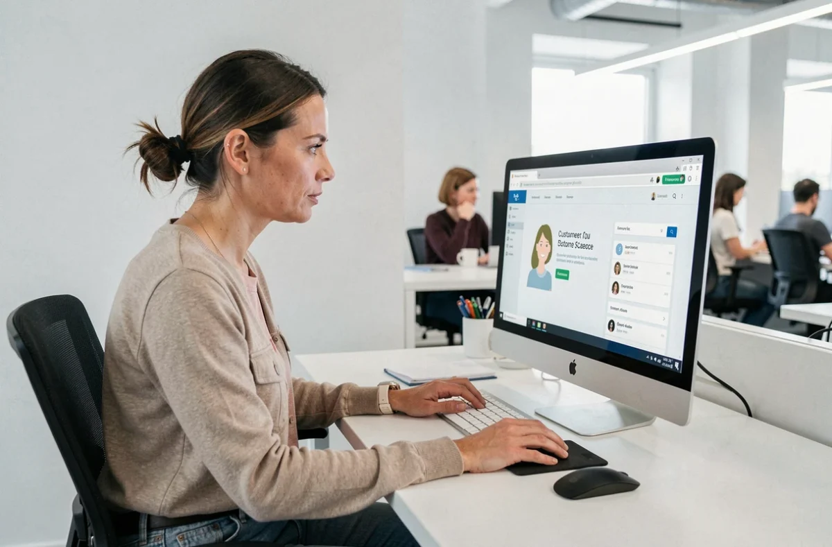 Femme utilisant le service client en ligne de Damart sur un ordinateur de bureau