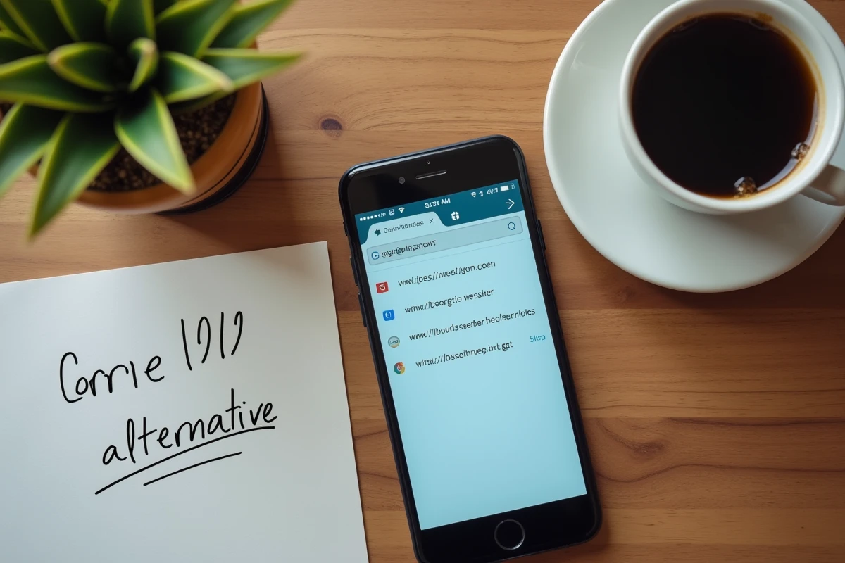 Vue de dessus d'un smartphone affichant une recherche de nouvelle adresse de site web avec note manuscrite et café