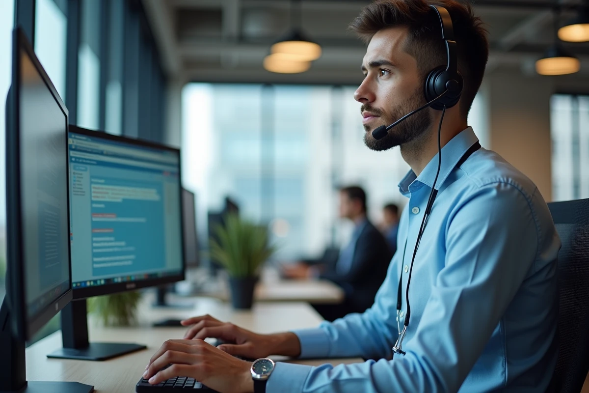 Conseiller en support technique aidant un client à récupérer l'accès à son espace Esalia depuis un bureau professionnel