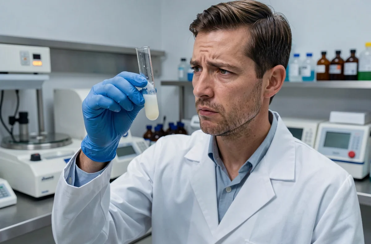 Technicien de laboratoire examinant un sérum sanguin opalescent dans un tube à essai en milieu clinique