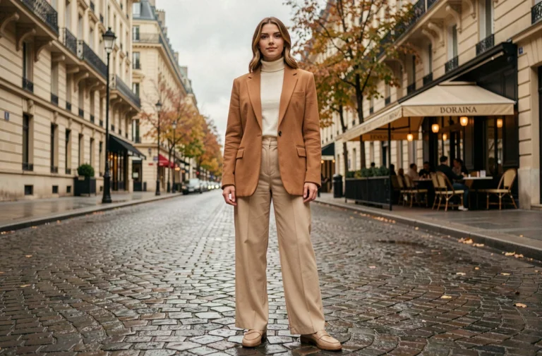 Jeune femme élégante portant un blazer camel oversize et un pantalon large ecru dans une rue pavée parisienne, tendance mode automne