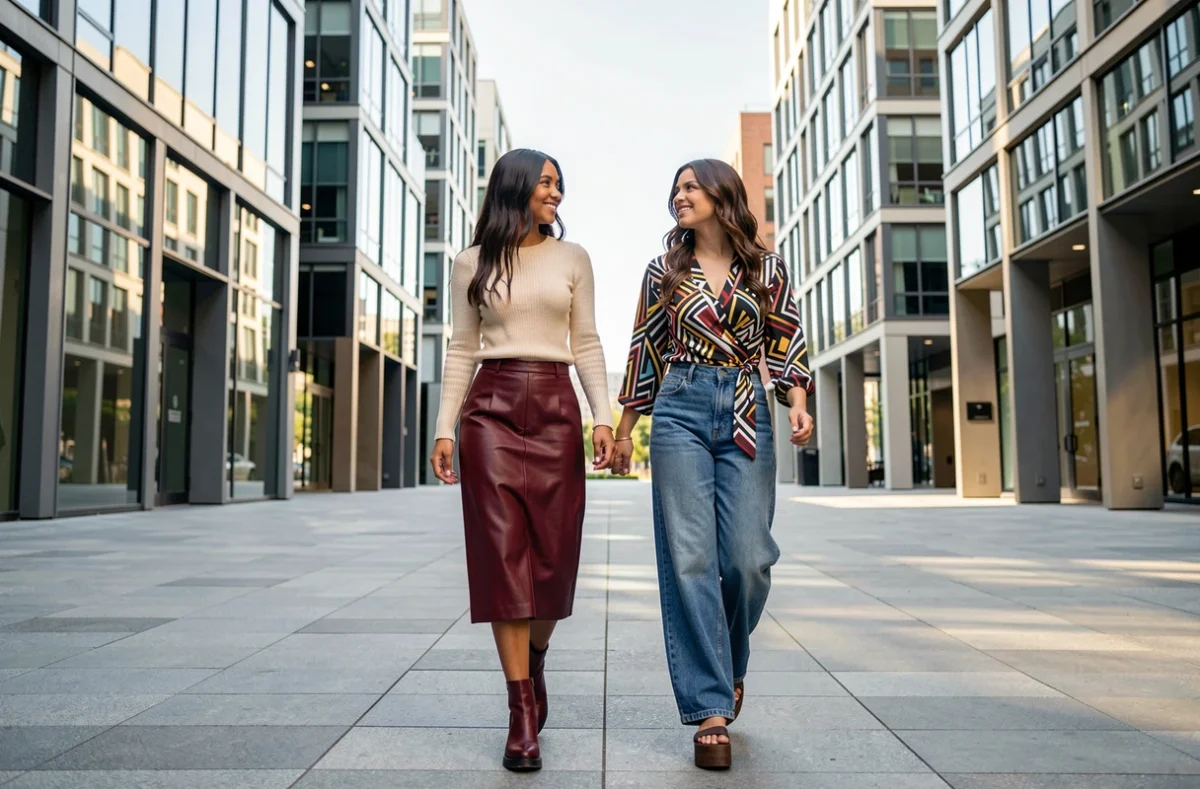 Deux jeunes femmes élégantes en tenues tendance saison marchant dans un quartier urbain moderne, mode automne-hiver
