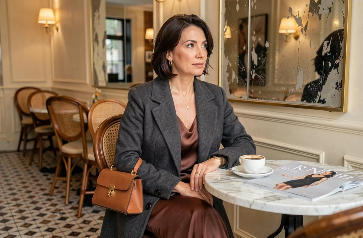 Femme sophistiquée en robe slip dress chocolat et manteau longline charcoal assise dans un café parisien, tendance mode saison