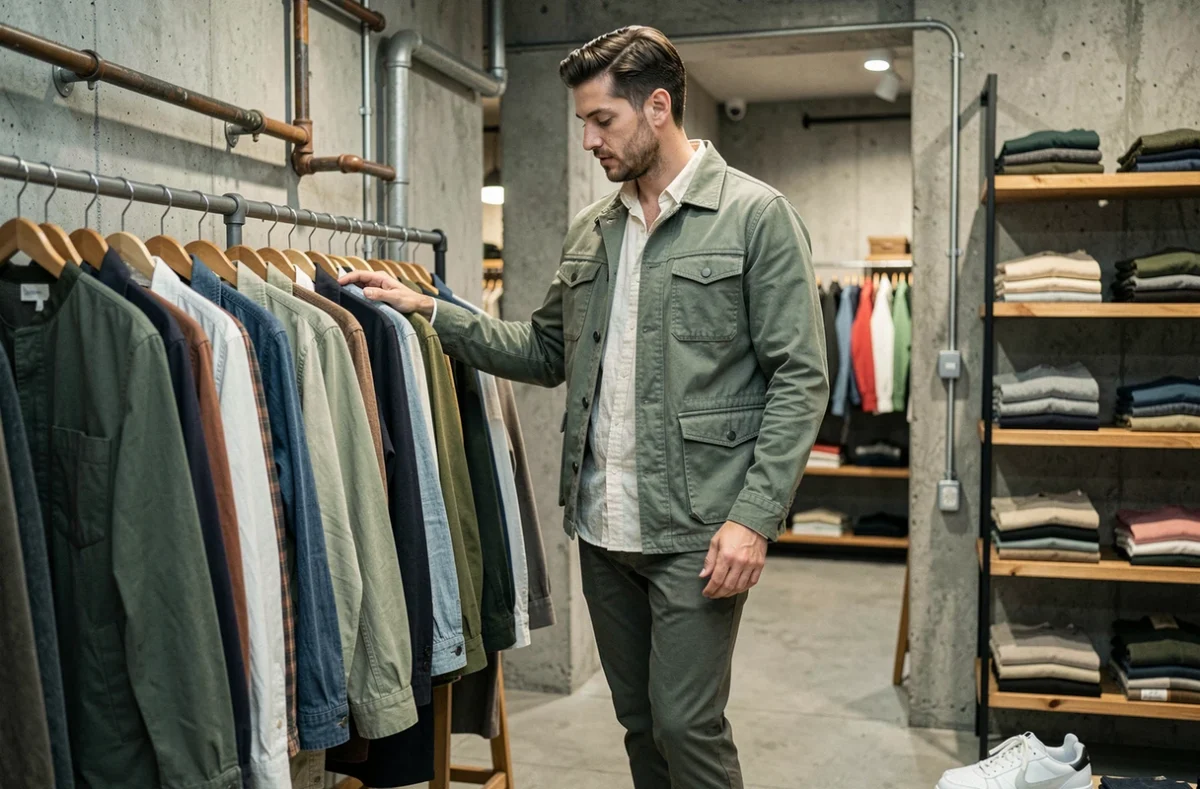 Homme trendy en veste utilitaire verte et chino olive dans un concept store vintage, style mode masculin contemporain