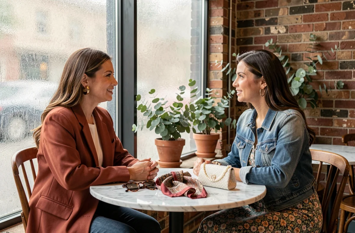 Deux femmes tendance discutant de mode et d'accessoires autour d'un café dans un cadre contemporain élégant