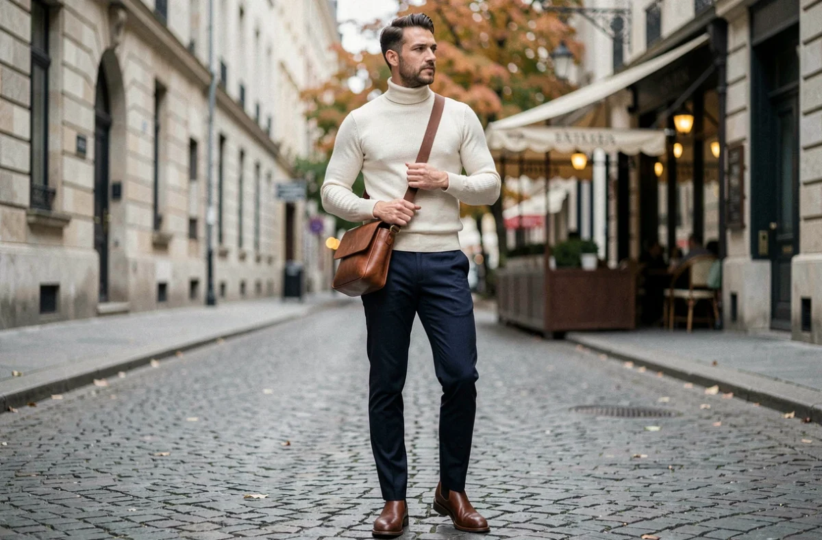 Homme stylé en tenue urbaine tendance avec sac en cuir minimaliste dans une rue pavée européenne en automne